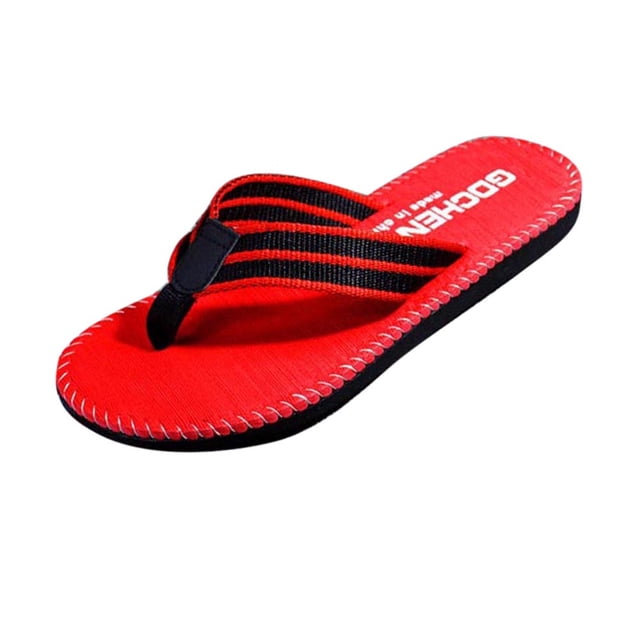 Kcodviy Men Summer Flip Flops with a bold red footbed featuring white stitching along the edges. The flip flops include black and red striped fabric straps and a durable black sole with memory foam for added comfort and arch support. Ideal for casual summer outings or leisure activities.