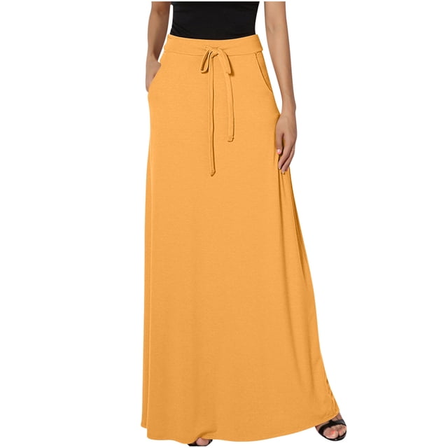 FAIWAD Women's Elastic High Waisted Maxi Skirt Drawstring Loose Casual Basic A-Line Skirts with Pockets