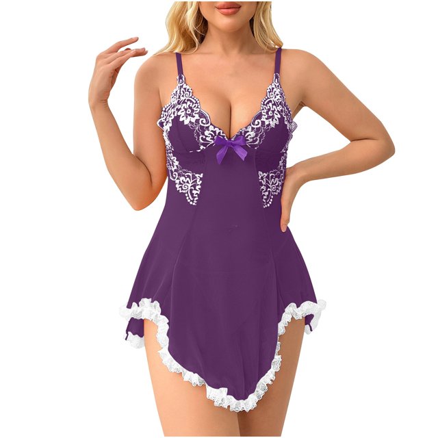 Pyjamas en Coton pour Femmes, Robes de Nuit en Dentelle, Mini Pyjamas, Chemises de Nuit Mignonnes, Robe à Bretelles Spaghetti, Vêtements de Nuit Sans Manches, Robe de Nuit, Pyjamas pour Femmes, Violet G