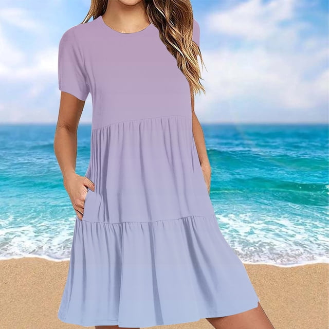 Weiqiqre Robes de Travail pour Femmes, Robe T-Shirt d'Été Décontractée à Manches Courtes pour Femmes, Robes Mini à Étages avec Poches