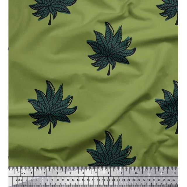 Soimoi Polyester Crepe Fabric Leaves Block Printed Fabric 1 Yard 42 Inch Wide