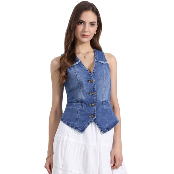 INSPIRE CHIC Women's Denim Vests Sleeveless Washed Distressed Casual Jean Jackets M Dark Blue