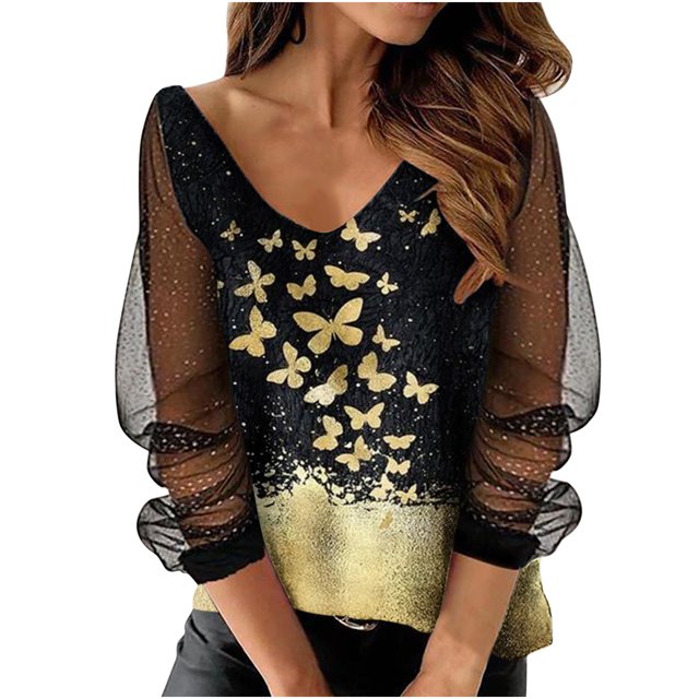CEHVOM Blouse à Manches Longues en Maille Imprimée pour Femmes, Col en V, Tunique Chandail