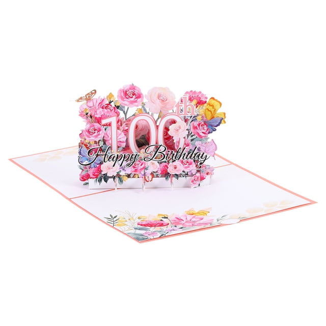 Uxcell 100th Birthday Card with a pop-out 3D flower bouquet and butterflies design. The card features vibrant pink and yellow flowers surrounding the number '100th' and the text 'Happy Birthday,' making it a thoughtful birthday gift idea. Includes a blank greeting card and envelope measuring 18.5x13.5 cm. Made of durable paper with handcrafted details.