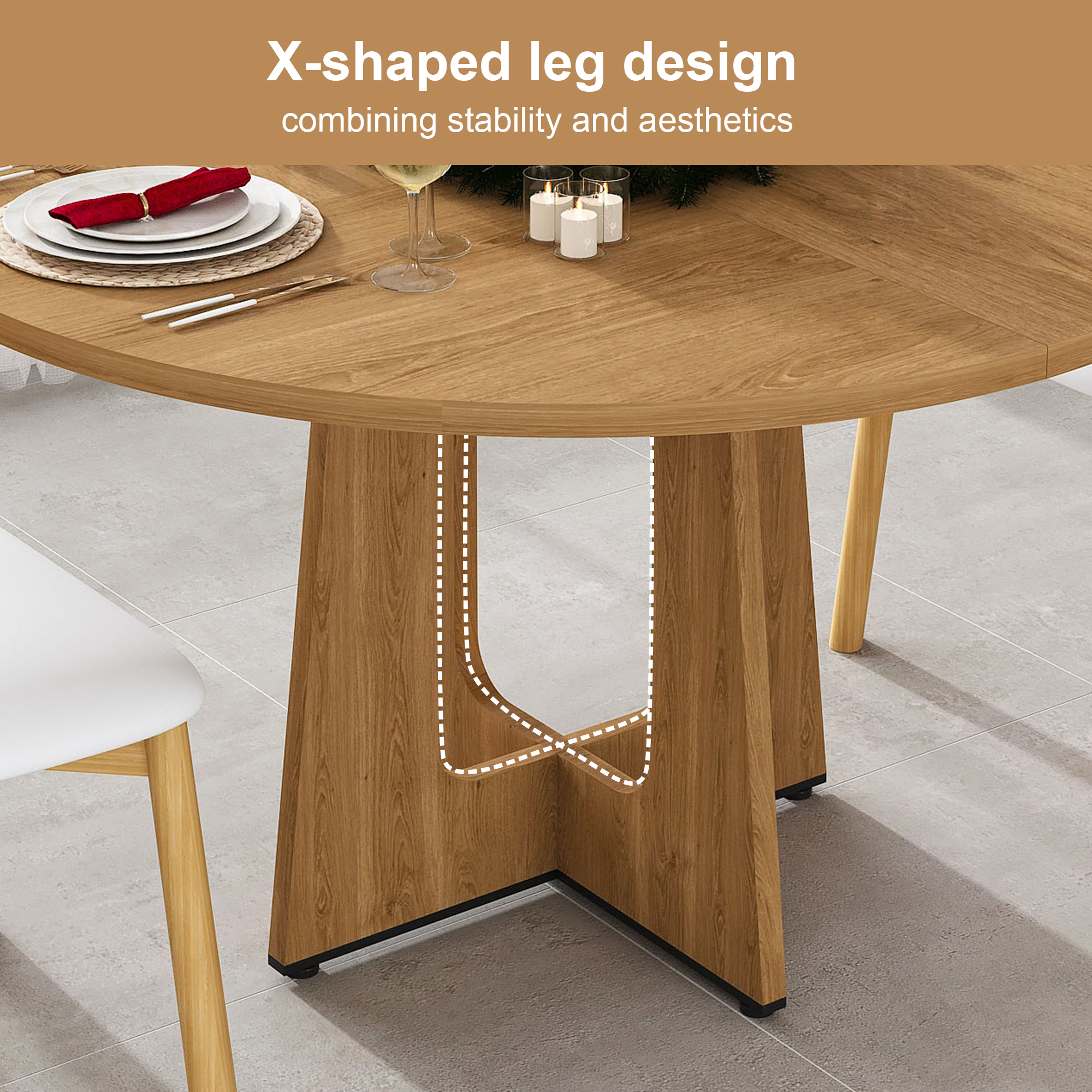 Noble House 47" Round Dining Table for 4,Farmhouse MDF Circle Table with Wood Grain Finish,Oak
