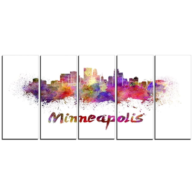 Design Art Minneapolis Skyline Canvas Print featuring a five-panel gallery wrapped cotton canvas with a vibrant watercolor cityscape silhouette and the word Minneapolis in multicolored script below, designed and made in Canada, ready to hang.