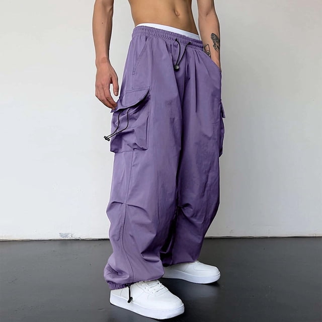 AherBiu Cargo Pants For Men Baggy Drawstring Elastic Waisted Oversized Joggers With Multi Pockets Lightweight Casual Loose Trousers