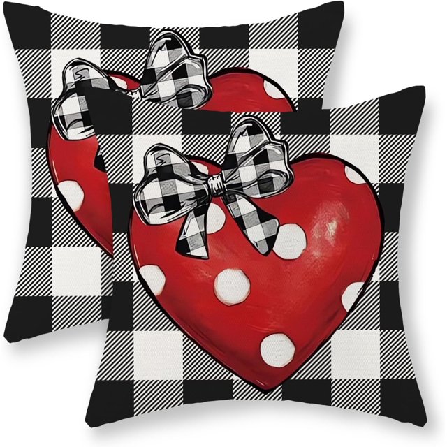 Housses de Coussin de la Saint-Valentin 20x20, Ensemble de 2, Pois Rouges, Cœur, Nœud, Déco, Coussins Décoratifs de la Saint-Valentin, Taie d'Oreiller à Carreaux Buffalo pour Anniversaire, Housse de Coussin d'Extérieur pour les Fêtes, Décoration de Maison