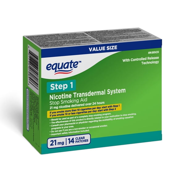 Equate Clear Step 1 – Patchs transdermiques à la nicotine, 21 mg, boîte de 14