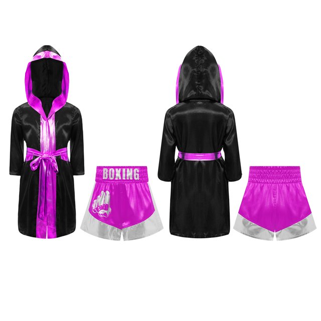 Fldy Kids Boys Boxing Uniform Set 2Pcs Boxing Robe And MMA Shorts Boxer Costume Halloween Outfit Black Hot Pink 16