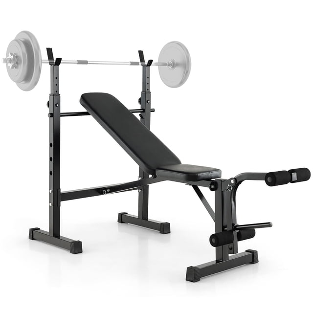 Gymax Ensemble de Support d'Haltère Inclinable Réglable avec Révélateur de Jambes, Doté d'Un Cadre en Métal Noir avec un Siège et un Dossier Rembourrés en Cuir PU. le Banc Offre 4 positions Réglables, Tandis Que le Support d'Haltère Offre 5 Réglages de Hauteur. Comprend un Révélateur de Jambes à 4 Roulettes avec un Rembourrage en Mousse Épaisse pour un Confort Accru. Conçu pour Divers Exercices comme le Bench press, les Redressements et les extensions de Jambes. Convient aux Installations de gym à Domicile.