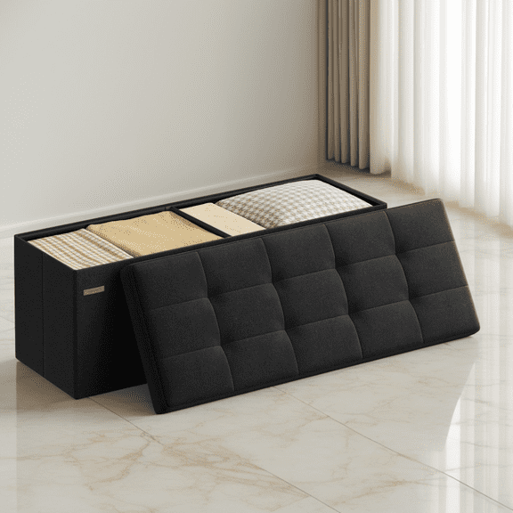 LEDREM Banc Ottoman Pliable de 43 Pouces avec Capacité de 660 Lb, Ottoman avec Rangement, Repose-Pieds, pour Salon, Chambre, Noir Encre