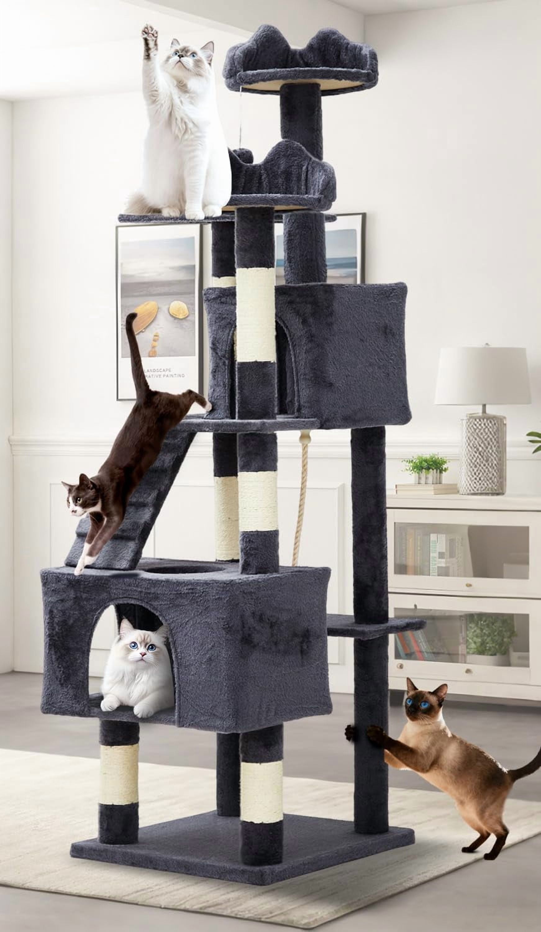EDTara Plush 72-Inch Cat Tree Tower, Multi-Level Condo With 6 Scratching Posts, 2 Elevated Perches, 2 Private Caves, a Hammock, and Pom Poms for Indoor Cats