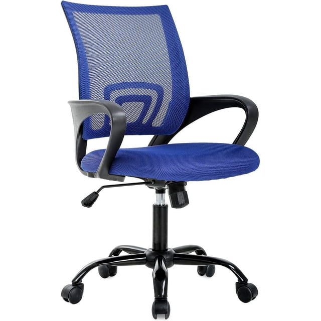 BestOffice Ergonomic Office Desk Mesh Computer Back Support Modern Executive Adjustable Task Rolling Swivel Chair in blue. Features a breathable mesh backrest, high-density sponge cushion for lumbar support, and adjustable swivel design. Includes black armrests, a sturdy five-wheel base, and a lever for height adjustment. Suitable for office or home workspace.