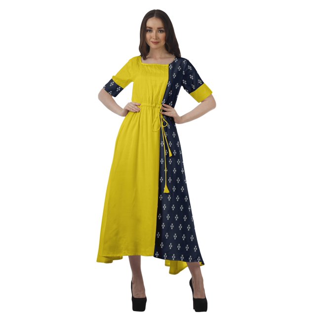 Moomaya Robe Midi en Viscose à Imprimé Style Santoon, Encolure Dégagée, Décontractée, pour Femmes