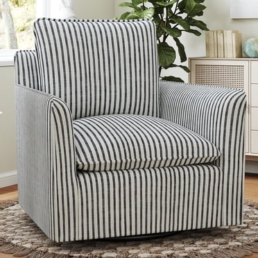 Bonzy Home Fauteuil d'Appoint Pivotant, Fauteuil Moderne à Grand Accoudoirs avec Dossier Épais et Coussin, Fauteuils Carrés Rembourrés pour la Lecture, Sofa Simple Confortable en Tissu pour Salon, Chambre, Rayure Bleue
