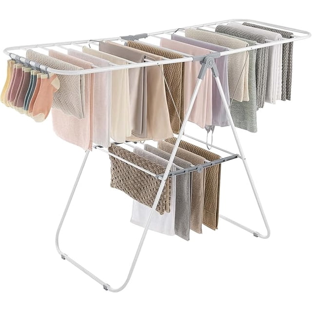 2-Level Foldable Clothes Drying Rack with Height-Adjustable Wings, Free-Standing Laundry Rack Clothes Dryer, 33 Drying Rails, and Sock Clips