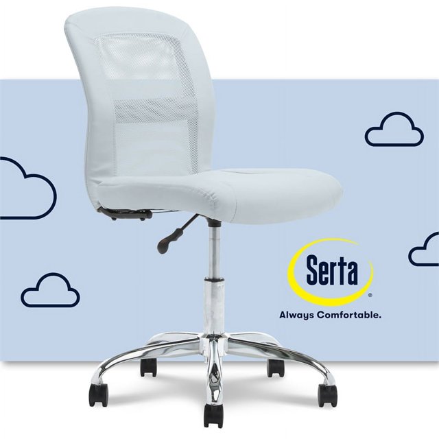 Serta at Home Essentials Faux Leather Office Chair in Blue Sky. This armless, mid-back desk chair features a comfortable upholstered design with a mesh backrest for breathability. It includes pneumatic seat height adjustment, multi-directional casters for mobility, and a chrome-finished base. Ideal for home offices, dorms, or bedrooms, it measures 36.5 inches in height, 22 inches in width, and 25 inches in depth, with a weight capacity of 275 lbs. The chair is shown against a light blue background with cloud illustrations and the Serta logo.