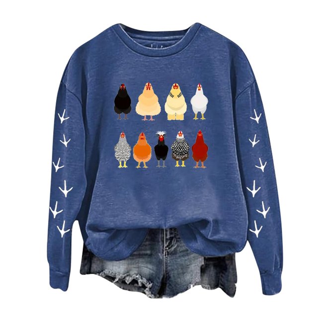 Kcodviy Femmes Décontracté Manches Longues Tenue Extraterrestre Femmes Chandails à Col Rond Manches Longues Confortable Chic Chandail en Molleton Poulet Graphique Imprimé Chandail Actif en Molleton Femmes Chandails Haut Blouse