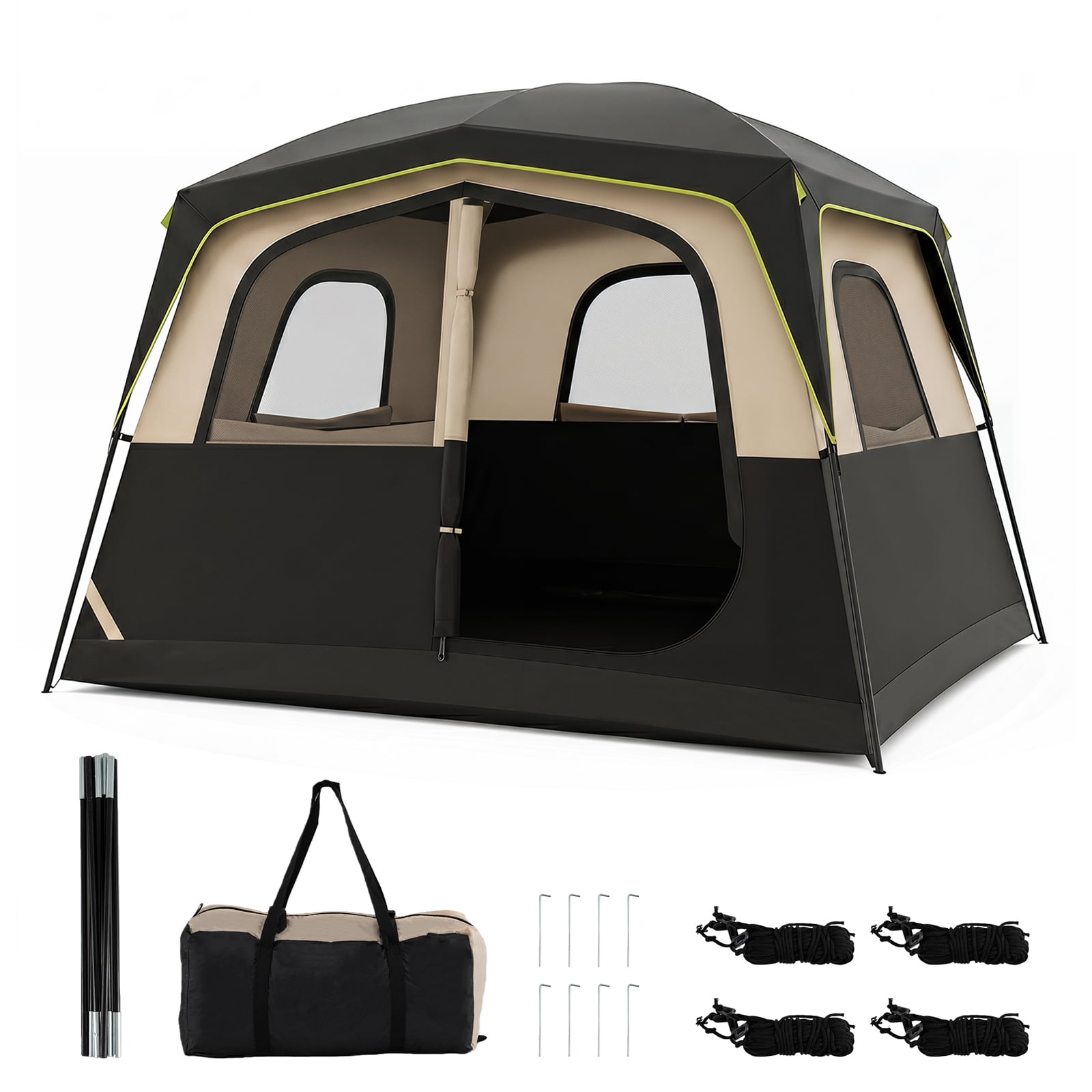 Gymax 6-Person Camping Tent W/ Top Rainfly Mesh Windows Large Door Ground Stakes Black