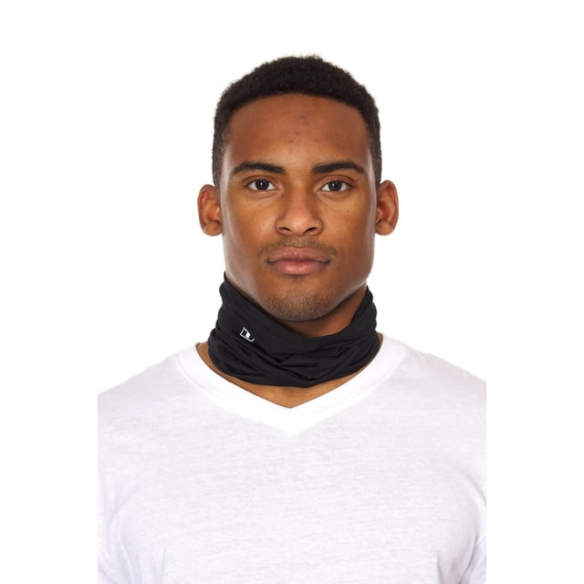 Swiss Tech Adult Unisex Active Cooling Performance Neck Gaiter in black worn around the neck over a white V-neck shirt, made of stretchy nylon and spandex fabric that wicks moisture and provides cooling comfort, suitable for active wear and reusable with machine wash care.