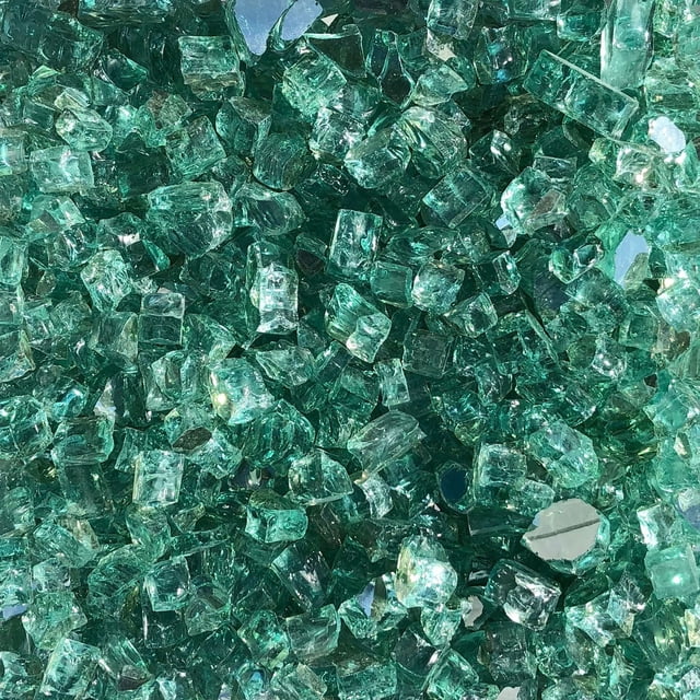 Paramount luminous Caribbean Sea reflective fireglass, 20 lbs, close-up of translucent aqua-green 1/2 inch fireglass pieces with glossy irregular cube shapes, designed for outdoor firepit decoration and heat retention without burning or melting.