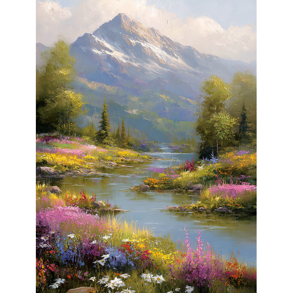 Mountain Landscape Floral River Oil Painting Canvas Wall Art 15.75x11.81 Inches