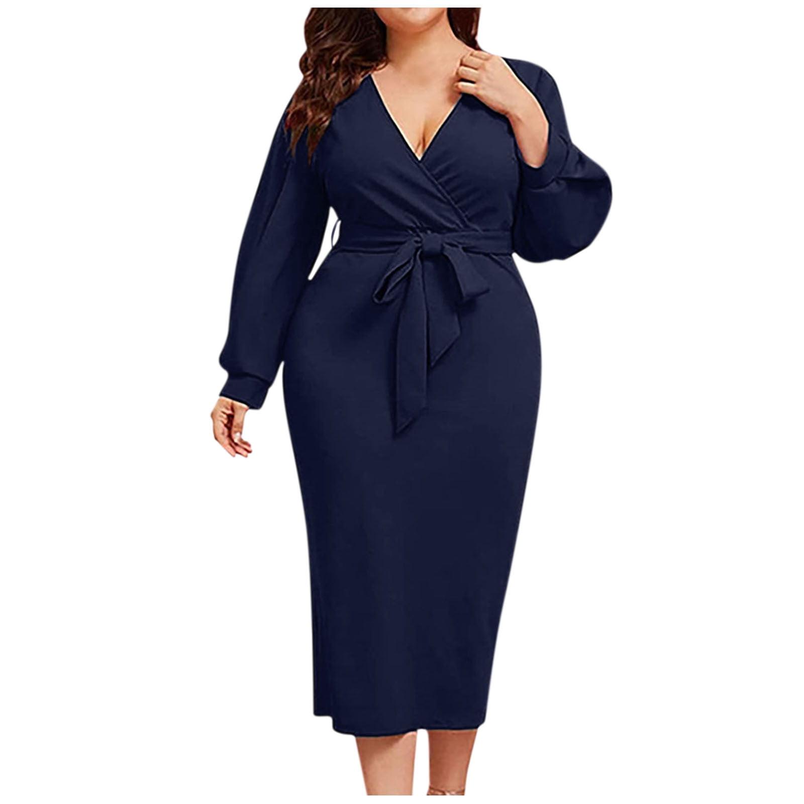 CEHVOM Robe Décontractée pour Femmes, Unie, Ample, à Ourlet Volanté, à Fermeture Éclair, à Manches Longues, à Col en V, en Solde