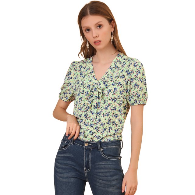 Unique Bargains Blouse à Manches Courtes Bouffantes à Boutons Imprimé Floral pour Femmes