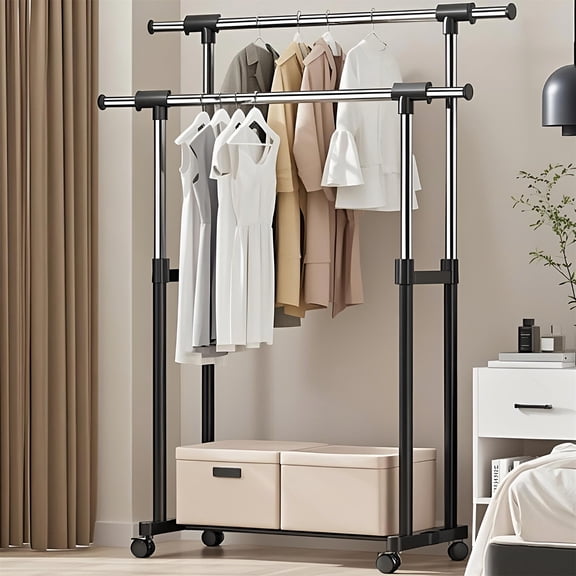 Support à Vêtements à Double Tige Extensible, Support Ordonné Ajustable en Métal sur Roulettes, Étagère à Vêtements pour Suspendre des Vêtements (Hauteur et Largeur Ajustables)