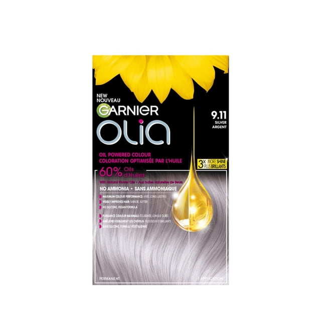 Olia Permanent Hair Dye Ammonia Free by Garnier in shade 9.11 Silver, featuring an oil-powered formula with 60% natural flower oils for vivid, long-lasting silver colour, 3 times more shine, no ammonia, and a vegan, silicone-free formula.