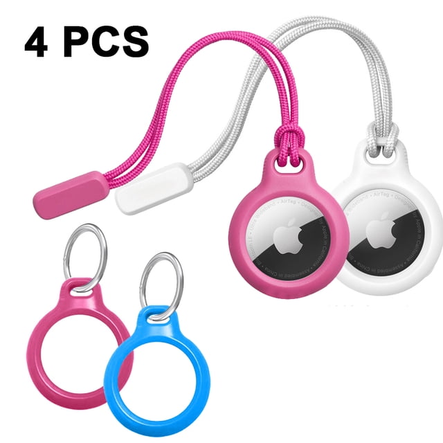 4 Packs AirTag Case Key Ring, Keychain Holder for AirTags Items Keys Backpacks, Air Tag Accessories. The image displays four protective cases for Apple AirTags in pink, white, and blue. Two cases include lanyards for attaching to backpacks or pet collars, while the other two feature key rings. Constructed from ABS material, these cases ensure secure AirTag placement and maintain signal strength. Suitable for tracking keys, bags, or other valuables.