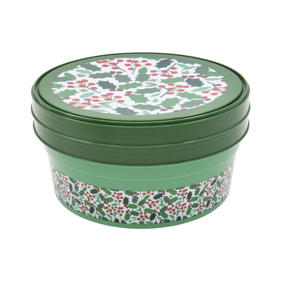 Christmas Festive Berries Green Round Gift Storage Containers, Plastic, 2-pack, by Holiday Time