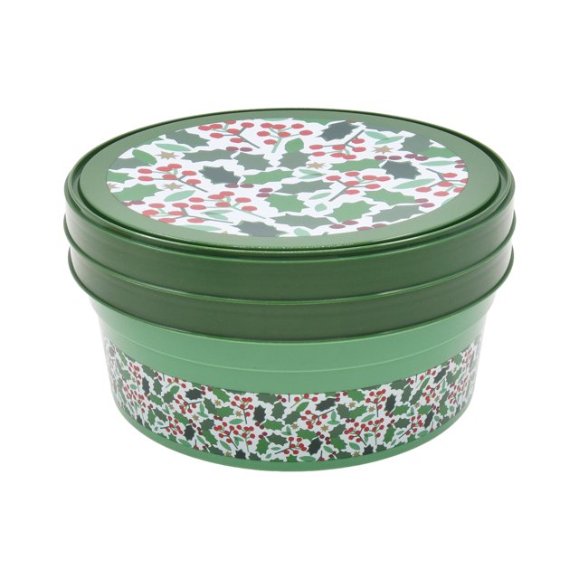 Christmas Festive Berries Green Round Gift Storage Containers, Plastic, 2-pack, by Holiday Time
