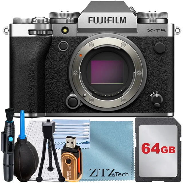 FUJIFILM X-T5 Mirrorless Camera-Silver (Body Only) with 64GB Memory Card + ZeeTech Accessory Bundle