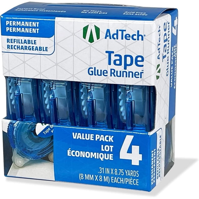 Permanent Glue Runner 4-pack by AdTech with refillable blue translucent tape runners, each dispensing 0.31 inch by 8.75 yards (8 mm by 8 m) of permanent adhesive tape, designed for instant, mess-free bonding in crafting and paper projects.