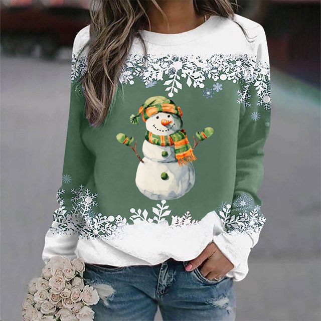 Rbaofujie Chandail à Capuchon Noël Femmes Mode Décontractée Imprimé Col Rond Ample Manches Longues Hauts Blouse Chandails Vert Chandails pour Femmes Hauts