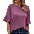 thumbnail image 1 of IROINNID Chemises Réduites Grande Taille pour Femmes Chemises en Coton pour Femmes Quotidien Été Blouse à Manches Trois-Quarts Col Rond Hauts Unis T-Shirt, Violet, 1 of 6