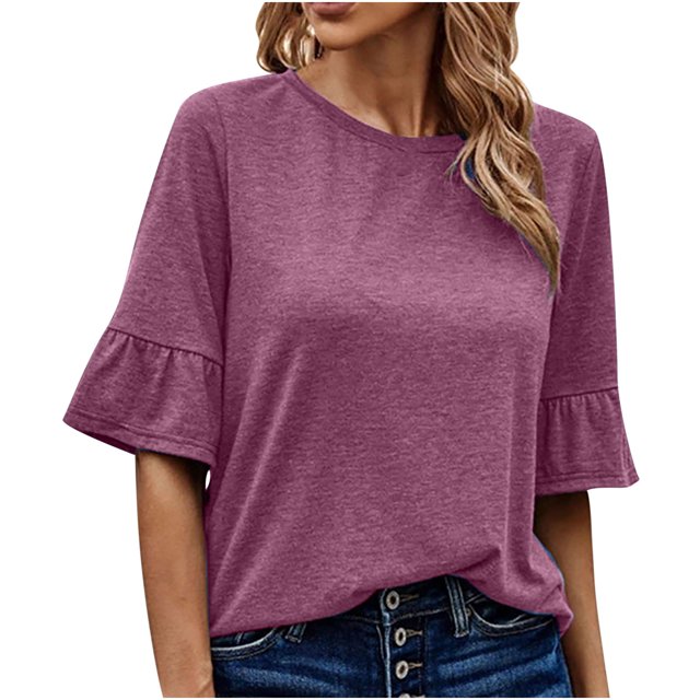 IROINNID Chemises Réduites Grande Taille pour Femmes Chemises en Coton pour Femmes Quotidien Été Blouse à Manches Trois-Quarts Col Rond Hauts Unis T-Shirt, Violet