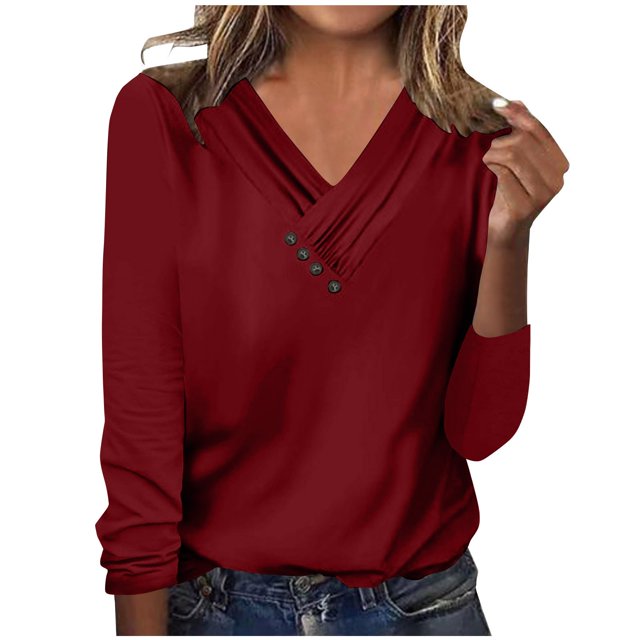 Timegard Womens Tops V-Neck Ruched Button Long Sleeve Solid Color Comfy Tee Dressy Casual Tunic Top