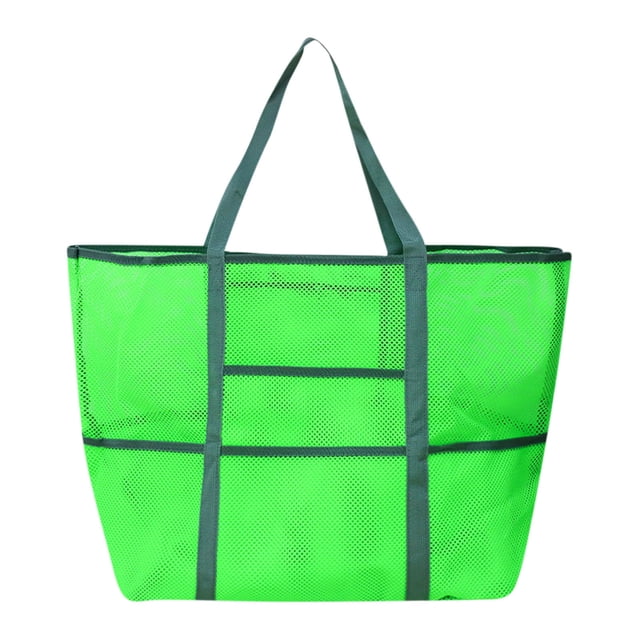 Mesh Beach Bags and Totes Swimming Beach Bag Swimsuit Mesh Storage Bag Large Mesh Travel Sports Handbag. A large green mesh tote bag with double-stitched straps and multiple pockets, including 7 outer pockets and 1 internal zippered pocket. Designed for carrying beach or pool essentials like towels, sunscreen, and toys. Lightweight, durable, and easy to clean with a quick-drying mesh fabric.
