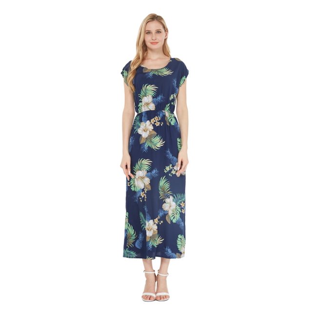 Robe Longue Simple Hawaïenne pour Femme à Manches Cap Luau 2TG Ananas Jardin Bleu Marine