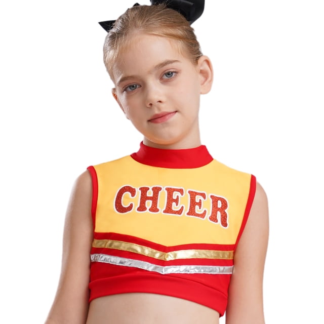 vastwit Kids Girls Mock Neck Tank Vest Shirts Sleeveless Color Block Letters Printed Cheerleading Uniform Crop Tops Red 14