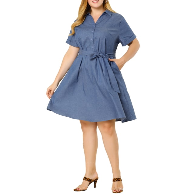 Unique Bargains Women's Plus Wrap Belted High Waist Chambray Dress