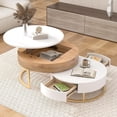 thumbnail image 1 of 31.5" Modern Round Lift-top Nesting Coffee Tables with 2 Drawers Multiple End Tables Utility Table Dining Table for Living Room, White+Natural, 1 of 9