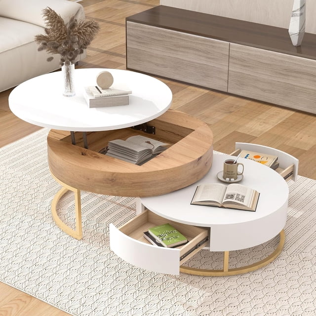 31.5" Modern Round Lift-top Nesting Coffee Tables with 2 Drawers Multiple End Tables Utility Table Dining Table for Living Room, White+Natural