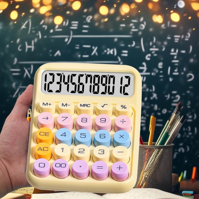 Mini Desktop Calculator 12-Digit LCD Display | Basic Standard Pocket Size Calculator for Home School Office Kids | Dopamine Round Keys | Battery Powered | Non-Slip Gradient Design