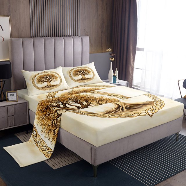 Erosebridal Gold Life Tree Full Sheet Sets, Retro Branches Bedding Full Size, Botanical Decor 4-Piece