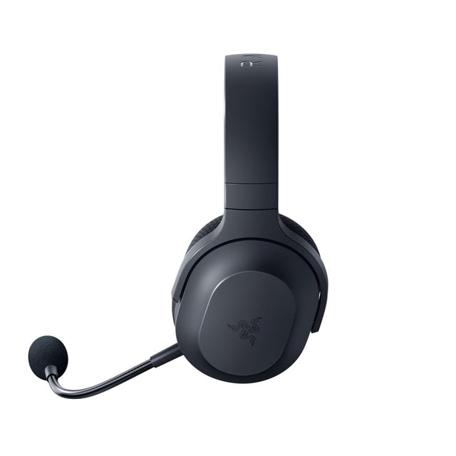 Razer Barracuda X Headset in black with a matte finish, adjustable headband, and large oval ear cups featuring the Razer logo. It has a flexible boom microphone with foam windscreen and supports Bluetooth and USB Type-C wireless connections, suitable for immersive gaming and seamless on-the-go audio.