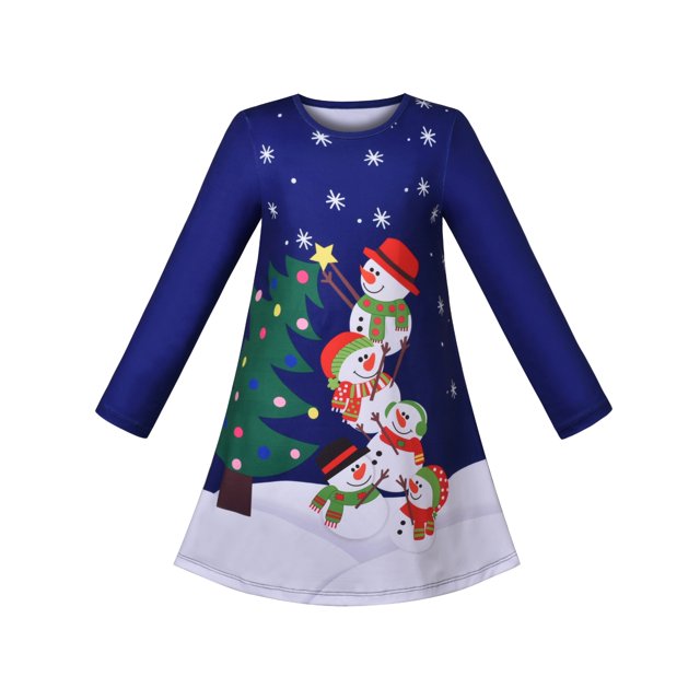 Robe Fille Bleue Sapin de Noël Snowman Imprimée Décontractée Fête 3 Ans